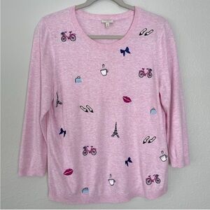 Talbots pink embroidered novelty print Paris pullover sweater 3/4 sleeve medium